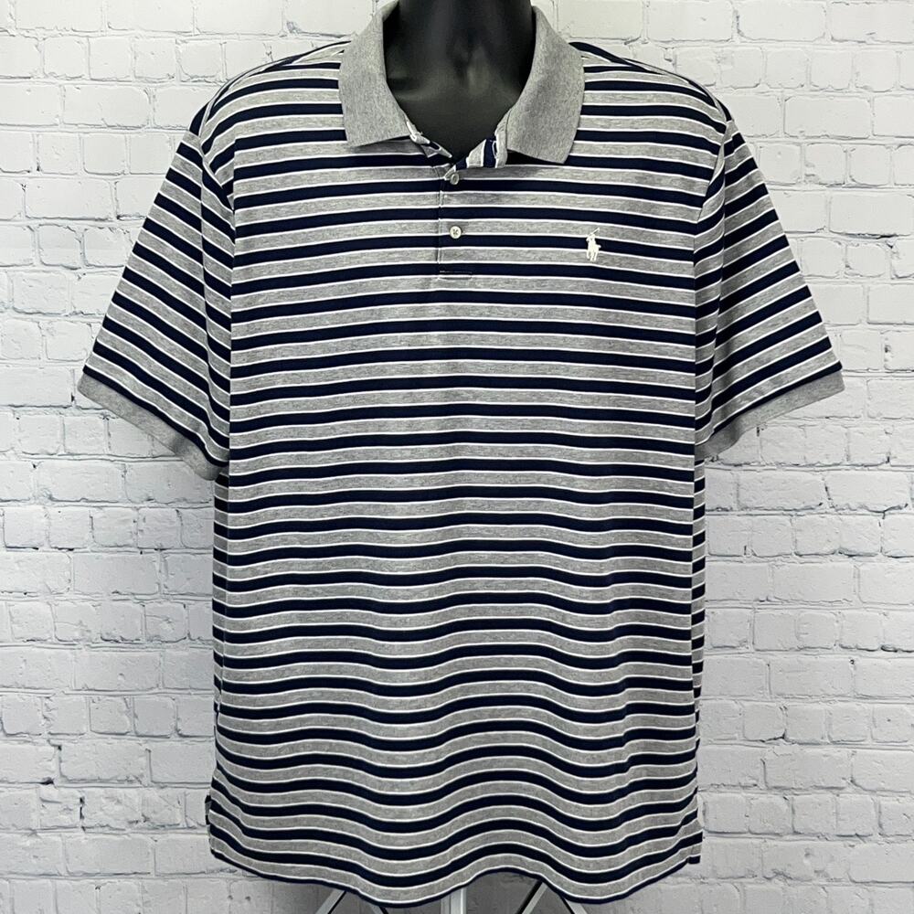 Polo Ralph Lauren Polo Shirt Mens 2XL XXL Gray Navy Stripe Classic Fit Cotton